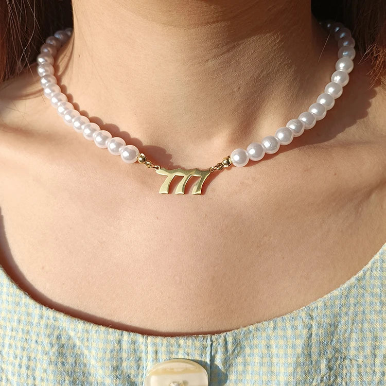 New Fashion 18K Gold Plated Stainless Steel Number Necklace Pearl Angel Number Necklace for Women