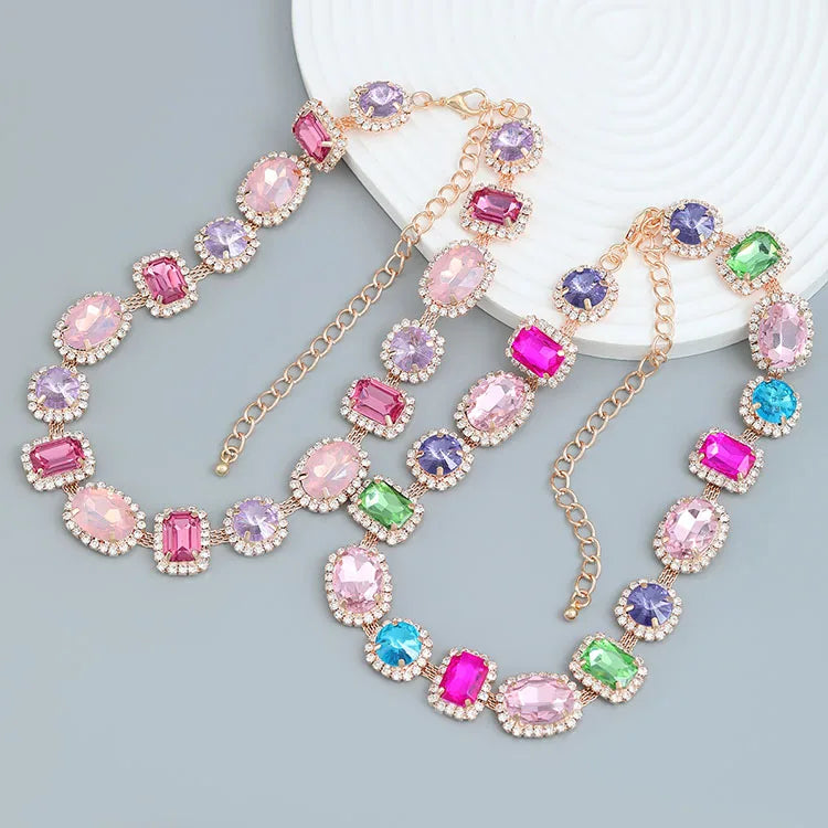 Fashion Exaggerated 18K Gold Plated Geometric Bling Rainbow Crystal Rhinestone Necklace for Party