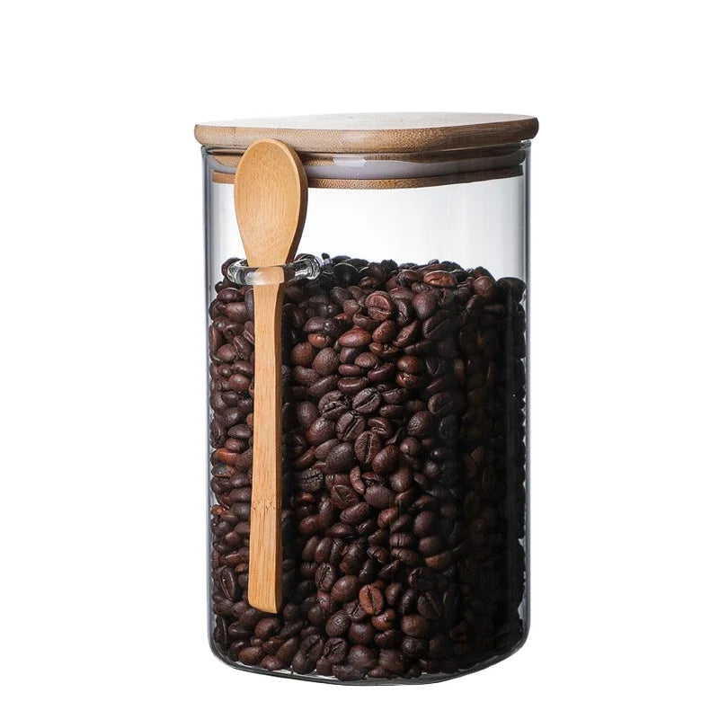Square Glass Storage Jar with Bamboo Lid and Spoon Kitchen Food Seasoning Sealed Cover for Condiments Container