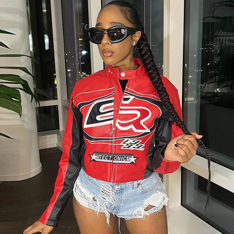 Women's Y2K Zipper Crop Jacket Letter Patchwork Full Sleeve Varsity Style Stand Autumn/Winter Casual Leather Coat Streetwear