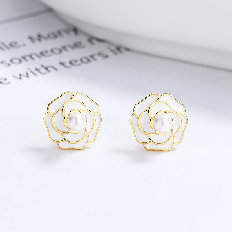 Fashion Earrings Jewelry Women 925 Sterling Silver Flower Pearl Earrings Camellia Enamel Oil Drop Gold Plated Fine Stud Earrings