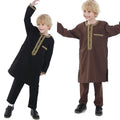 2024 Fashionable Muslim Kids Thobe Embroidery Solid Color Thobe Kids Two Pieces Suit Jacket and Pants Muslim Boys Thobe