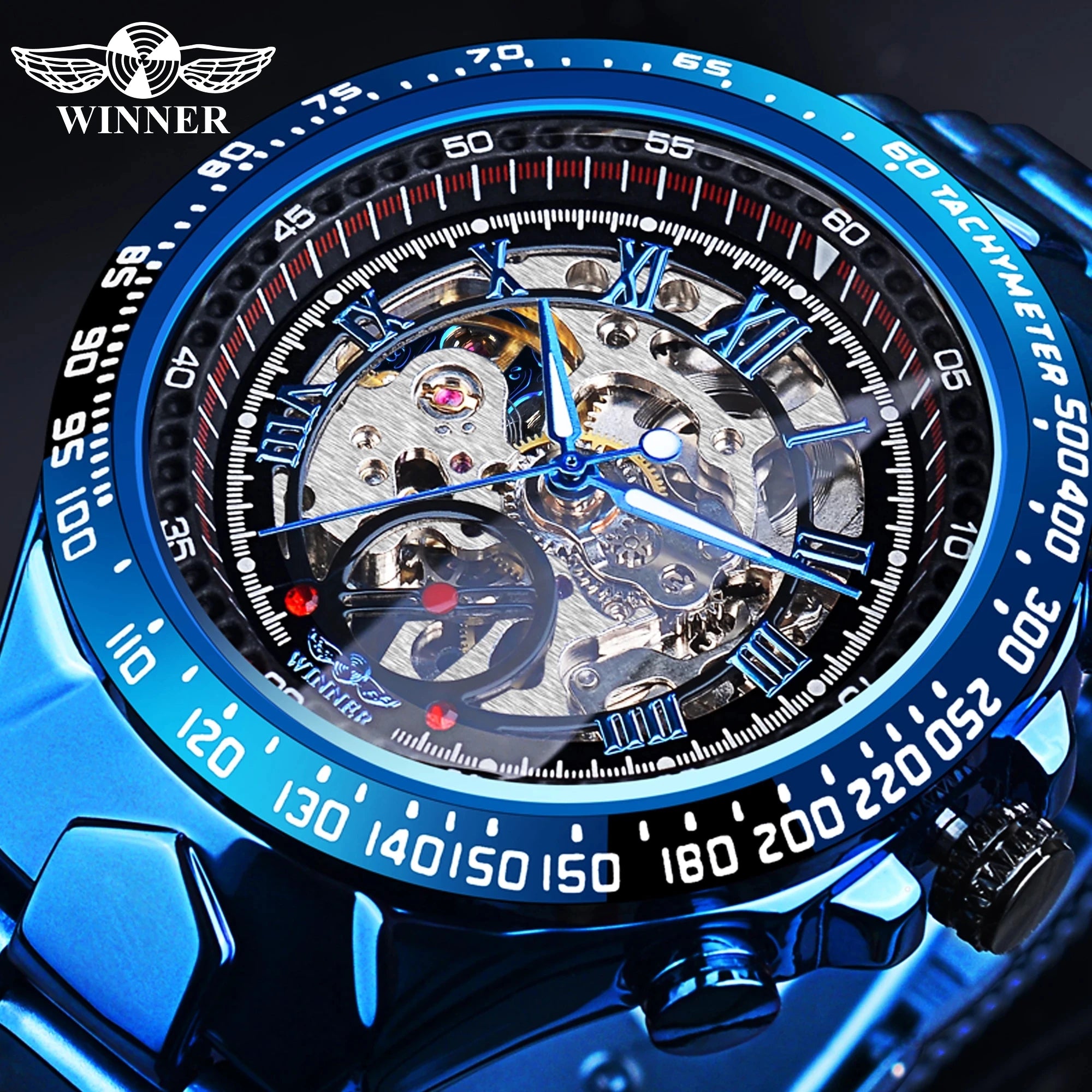 Winner 8067 New Top New Men Mechanical Wristwatches Luxury Skeleton Automatic Mens Watches Transparent Bezel Bule Watch
