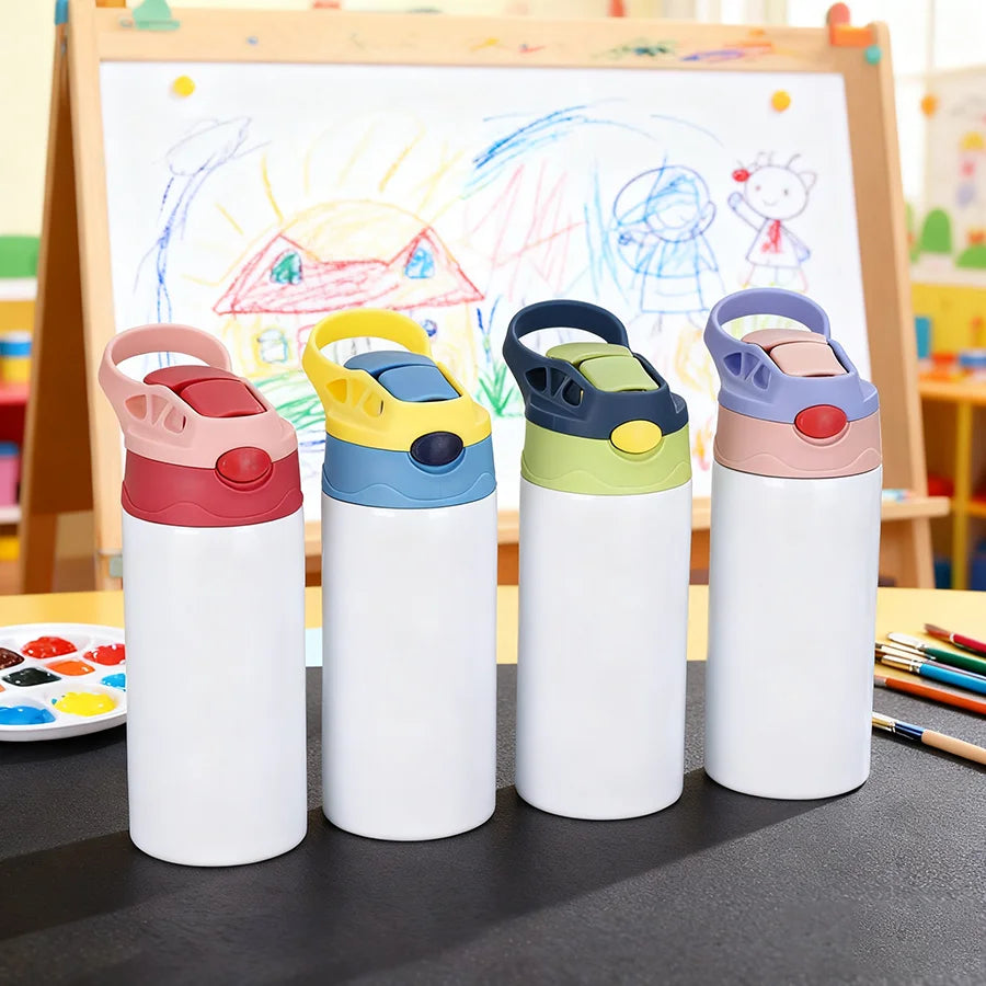 Topjlh Custom Blank 12oz Sublimation Kids Water Bottles 304 Stainless Steel Bottle With Silicon Straw Straight Water Bottle
