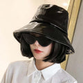 Wholesale Women's Wide Brim PU Leather Bucket Hat Waterproof Rain Hat