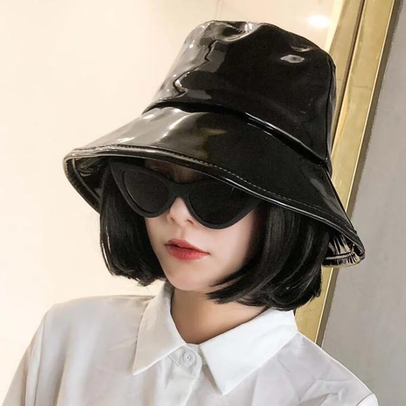 Wholesale Women's Wide Brim PU Leather Bucket Hat Waterproof Rain Hat