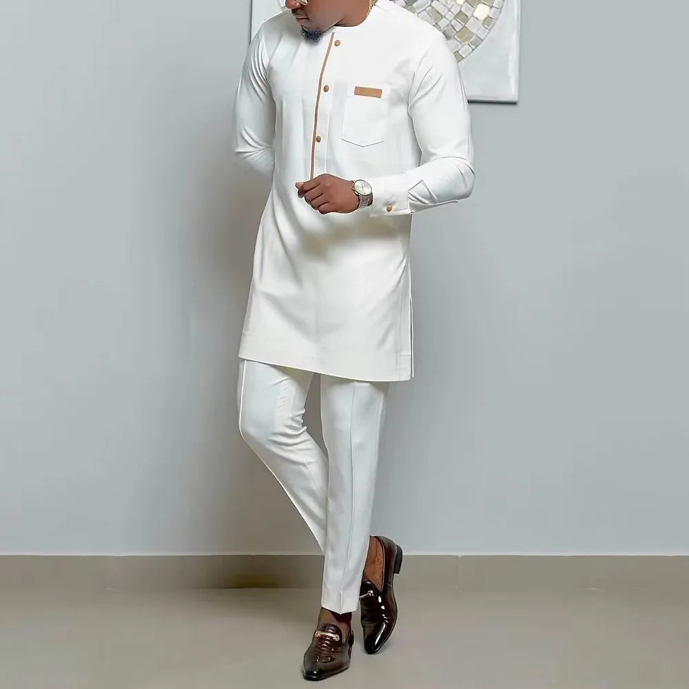 M-4XL Full Sleeved Round Neck Solid Color Minimalist Shirt Casual Pants Two-piece Set African Men's Set Summer New Men's Set