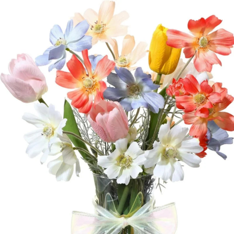 8 Pcs Artificial Cosmos Silk Tulips Flower Wildflower Long Stem Colorful Spring Bouquet for Floral Wedding Garden Table Decor