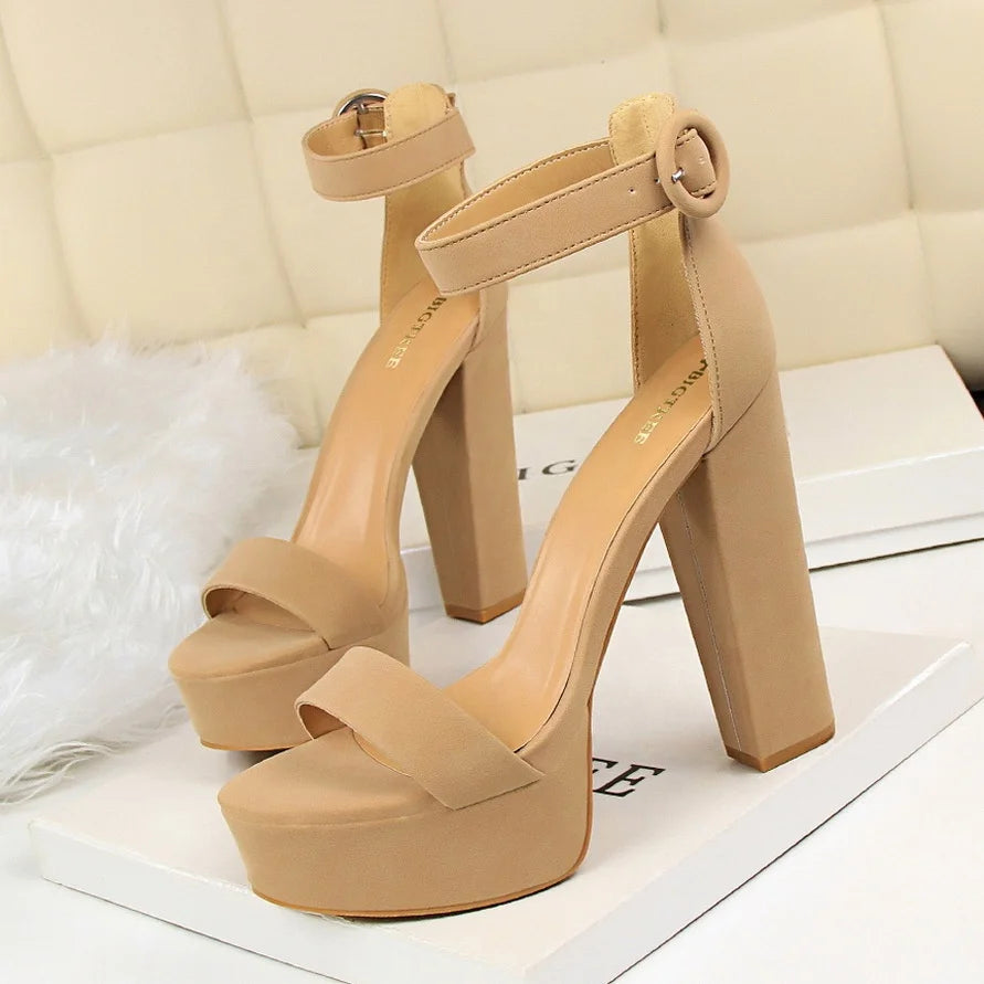 Women Plus Size Ankle Strap High Heels Gladiator Shoes  Buckle Strap Thick Heel Fashion Hollow Female Party Wedding Pumps