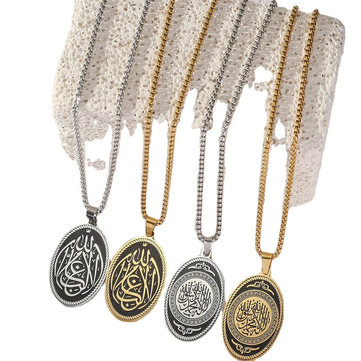 MAIFENG Fashion Vintage Oval Pendant Stainless Steel 18K Gold Plated Arabic Link Chain Hip Hop Necklace
