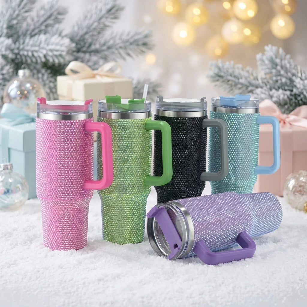 Custom 40oz Rhinestone Cup Food Grade Stainless Steel Bohemian Style Vacuum Insulated BPA Free 6-12hr Thermal Tumbler Handle