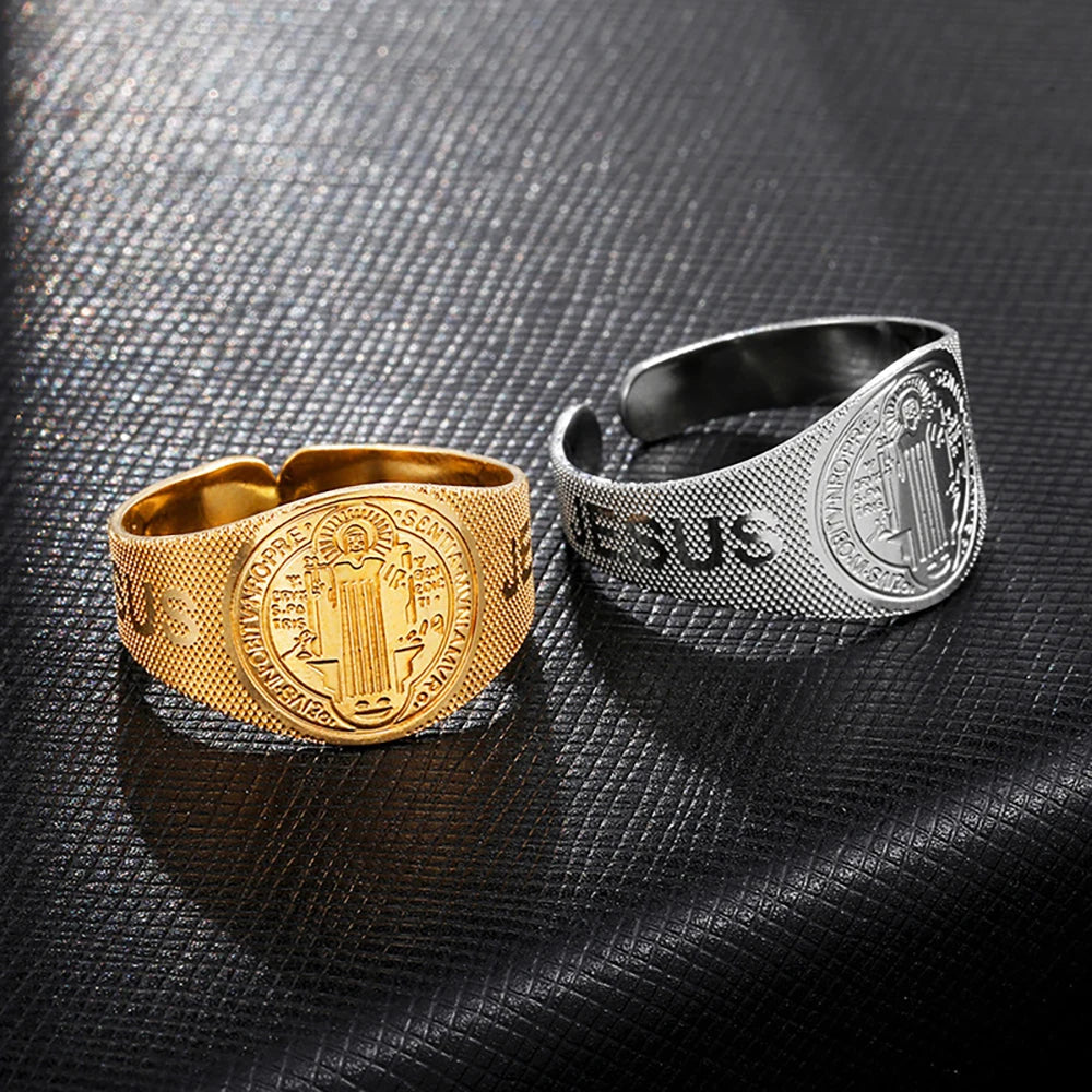 Fashion Jewelry Adjustable  Catholic Saint Benedict Jesus Gold Plated Stainless Steel Religious Man Ring