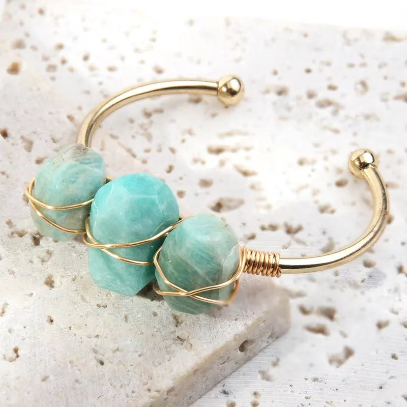 3  Big Irregular Natural Stone Bangle Gold Plated Zinc Alloy Copper Amazonite Open Cuff Bracelet & Bangle