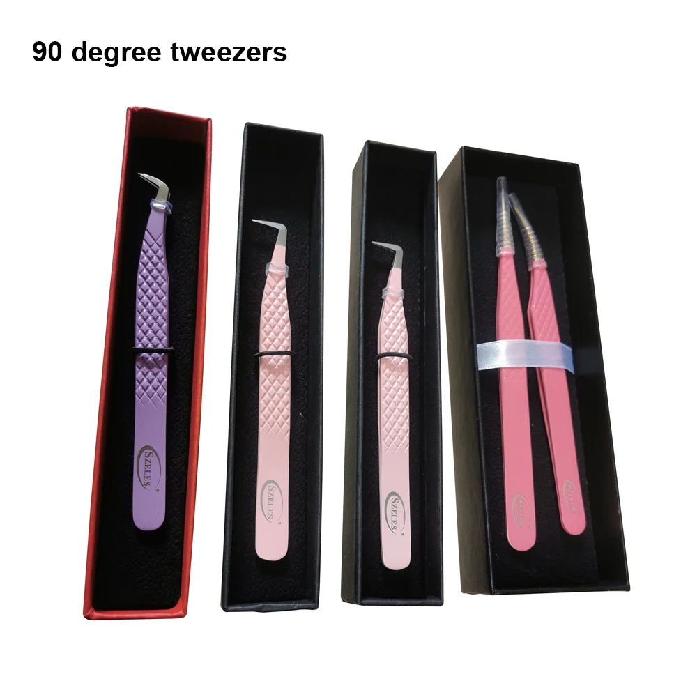 Custom Private Label 45/75/90 Degree Nano Grip Eyelash Tweezers Fiber Tip Lash Extension Tweezers with Print Logo Beauty Tool