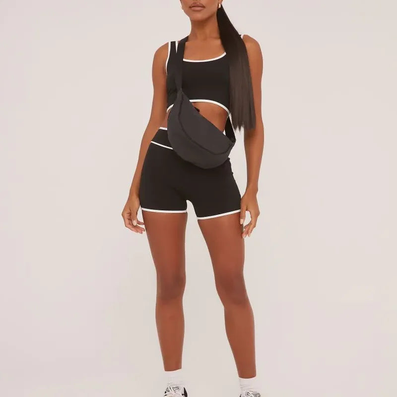 Summer Women 2 Piece Set Scoop Neck Contrast Edge Top Cycle Shorts Tracksuit for Women