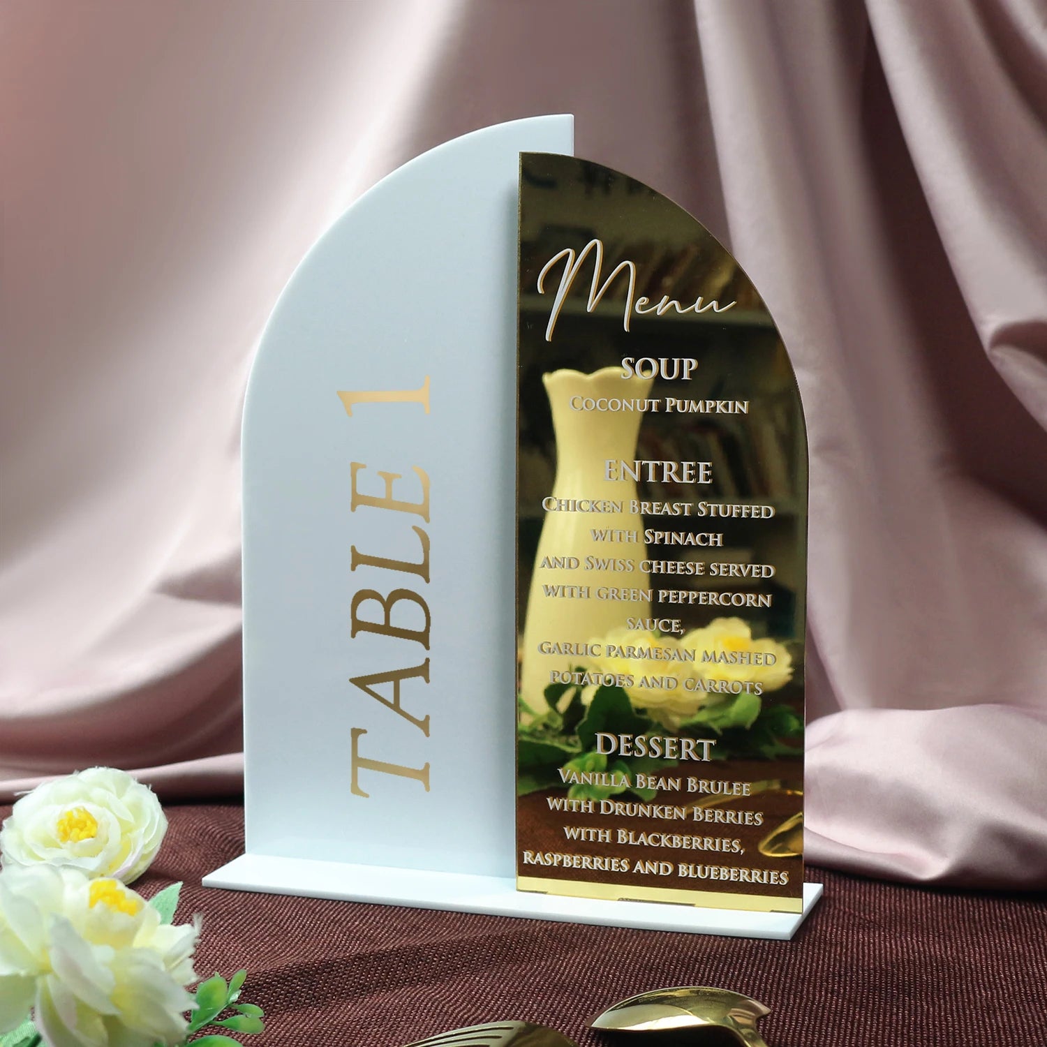 2026 Unique White and Gold Mirror Acrylic Table Card Menu Card with Holder for Engagement Party and Wedding Event