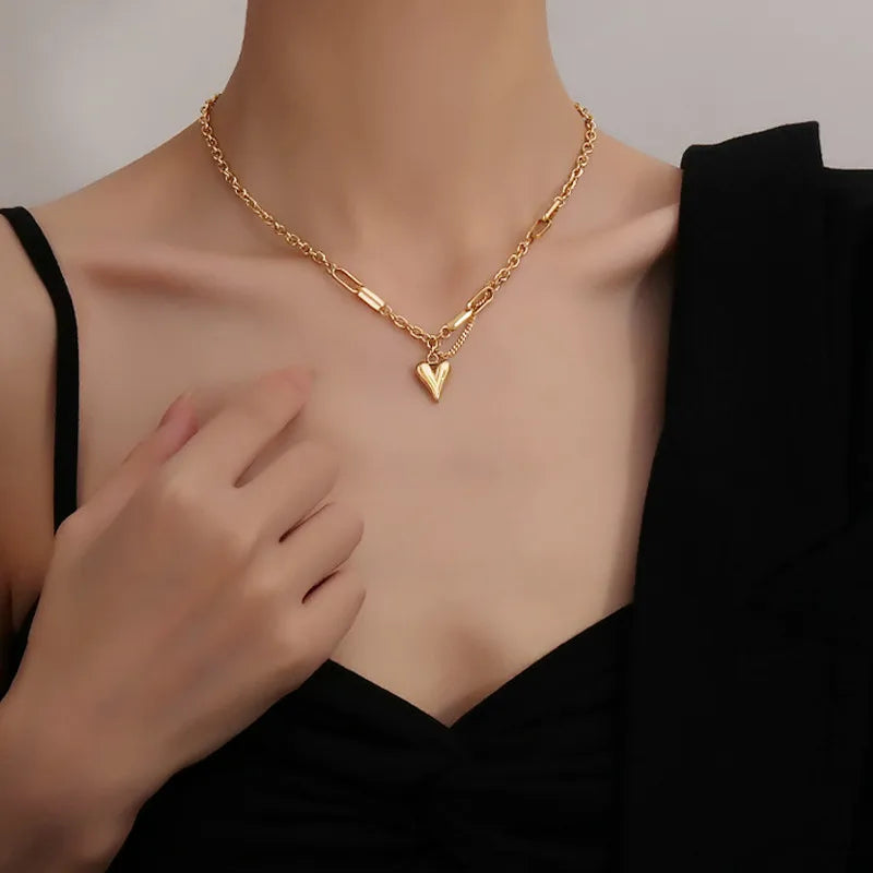Love Heart  18k Gold Plated Stainless Steel  Chain Necklace Pendant Choker for Women Men Girls Boys