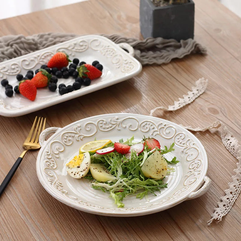 Creative America Retro Kiln Ceramic Plate Relief Double-ear Western Dessert Plate