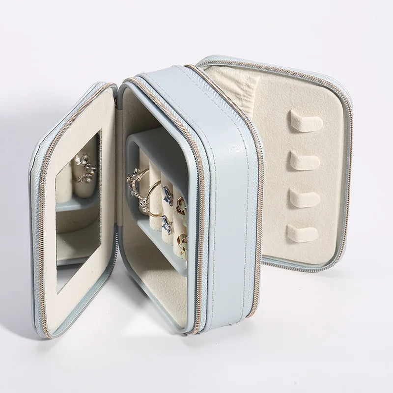 Double Zipper PU Leather Jewelry Box Lipstick Necklace Ring Jewelry Ornaments Storage Box with Mirror
