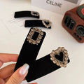 Square Heart Rhinestone Hair Clips French Women Luxury Fashion Hair Pins Black Velvet Hair Side Clip Accessories