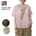 2025 New Women Plus Size T-Shirts - Summer Short Sleeve Loose Cotton Linen Top with Embroidery Flower