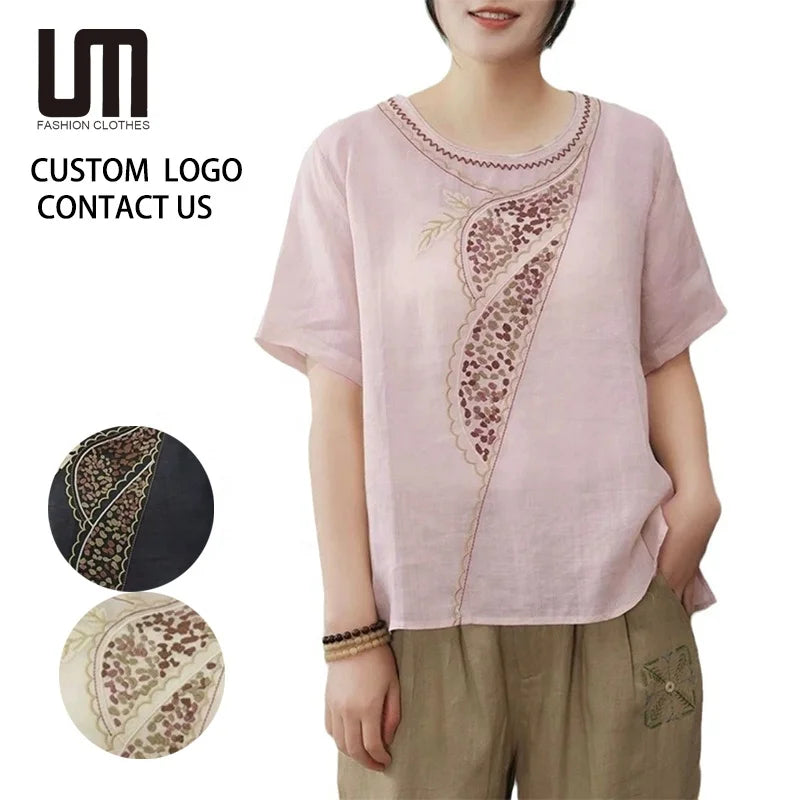 2025 New Women Plus Size T-Shirts - Summer Short Sleeve Loose Cotton Linen Top with Embroidery Flower