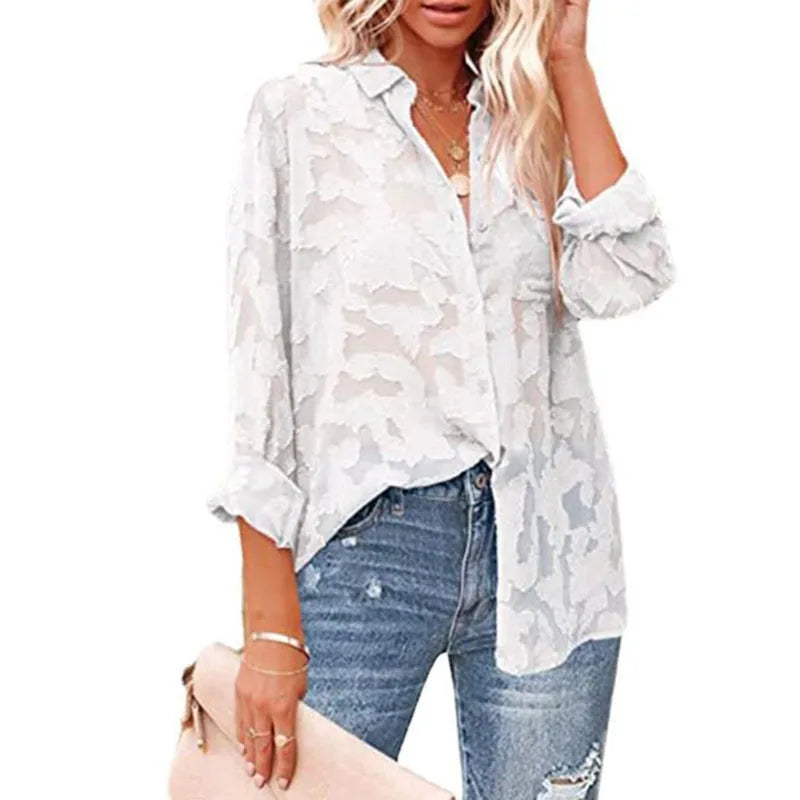 Mesh See Through Long Sleeve White Shirts Women Streetwear Flower Jacquard Button Down Shirt Women's Oversize Blouse