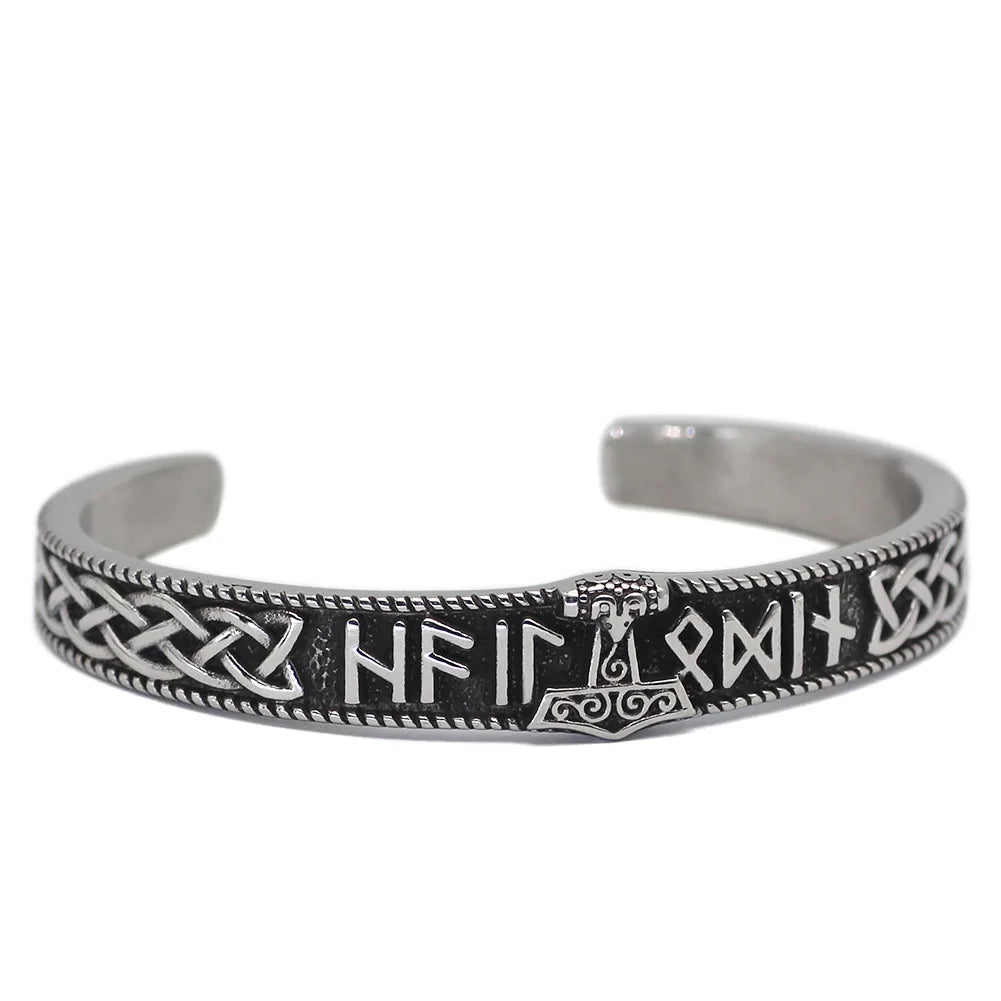 Trade Assurance Men's Viking Pirates Thor's Hammer C-Shape Open Stainless Steel Bangle Bracelet Hip Hop Wholesale Viking Jewelry