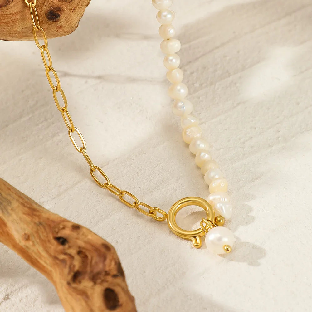 Elegant 18K Gold Plated Pearl Paper Clip Chains Necklace Clasp Stainless Steel Freshwater Pearl Beaded Necklace Jewelry