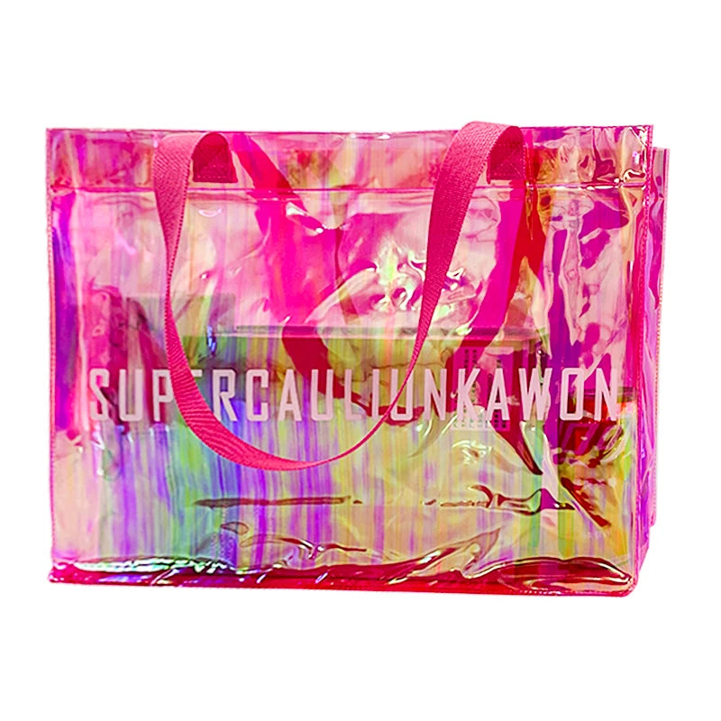 Portable Print Transparent Pvc Makeup Bag Tarpaulin Recycled Holographic Pvc Tote Bag Custom Pvc Gift Handle Bag