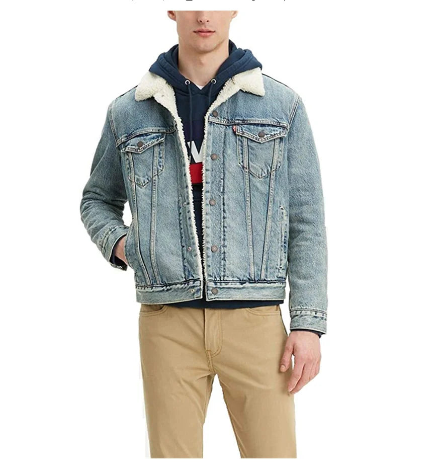 Good Quality Fashion Casual Street Outwear Denim Jacket Men Sherpa Fleece Casual Bomber Winter Jacket