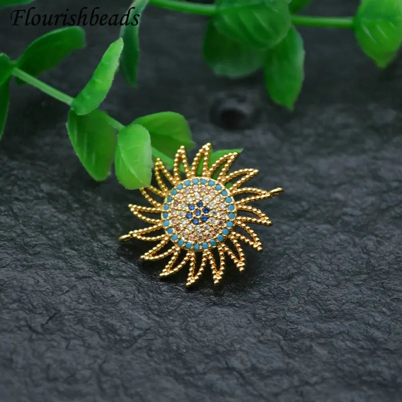 18k Gold Plated Colorful CZ Paved Double Hanging Sun Flower Connector Charms for Jewelry Making