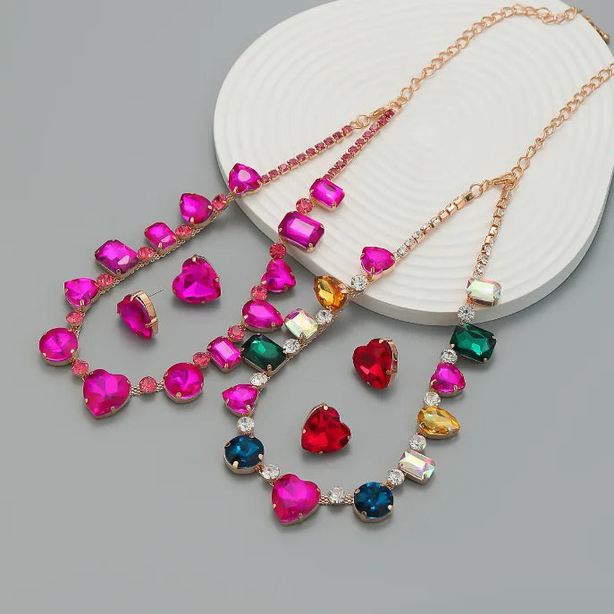 Summer New Trend Metal Glass Crystal Heart Necklace Earrings Set Bridal Wedding Party Jewelry Women Wedding Accessories Gift