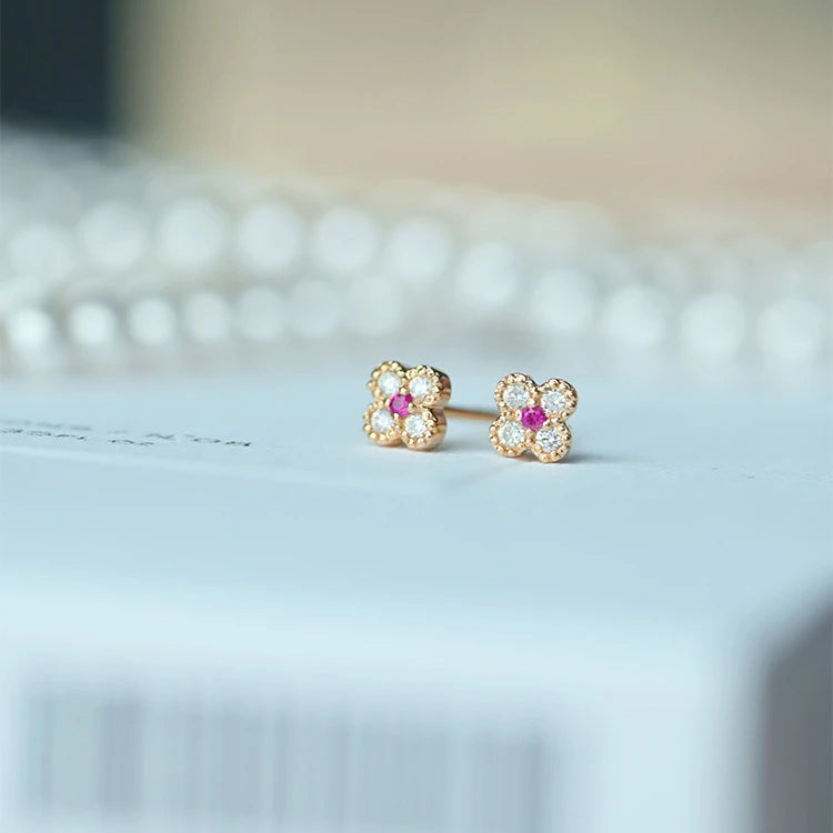 New 925 Sterling Silver Four Clover Zircon Earrings 14K Gold Plated Flower Stud Earrings Women Birthday Gifts