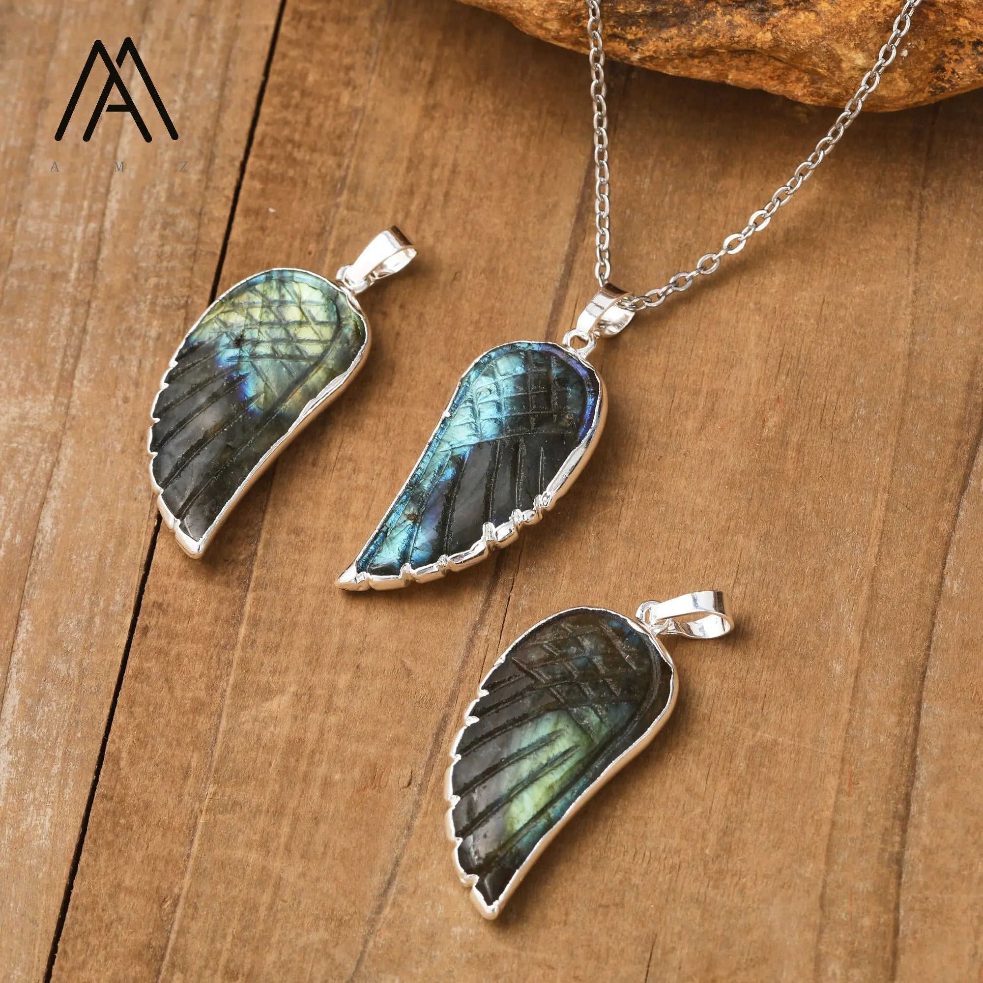 Natural Gemstone Carving Wing Pendant Silver Chain Necklace Healing Crystal Labradorite Fluorite Choker Jewelry Men Gifts