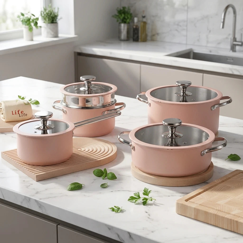4-Piece Korean Style Stainless Steel Lining Pan Set with Glass Cover Eco-Friendly Dishwasher Oven Safe for Gas Induction Cookers