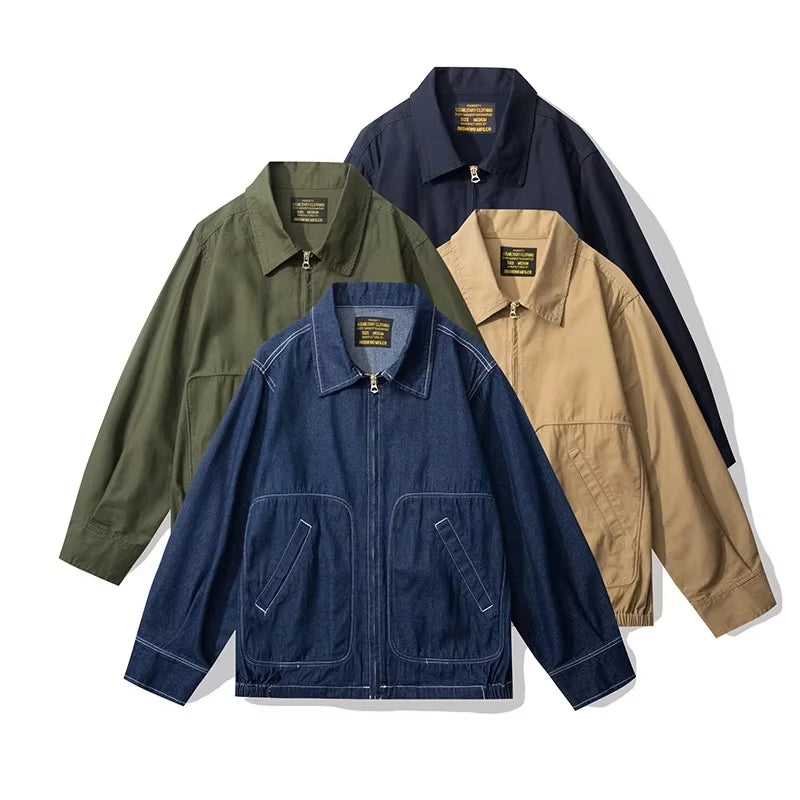 Clothes Men Vintage Workwear Zip-Up Jacket Cotton Twill / Denim  Style Casual Jacket with Pockets for Daily Outdoor