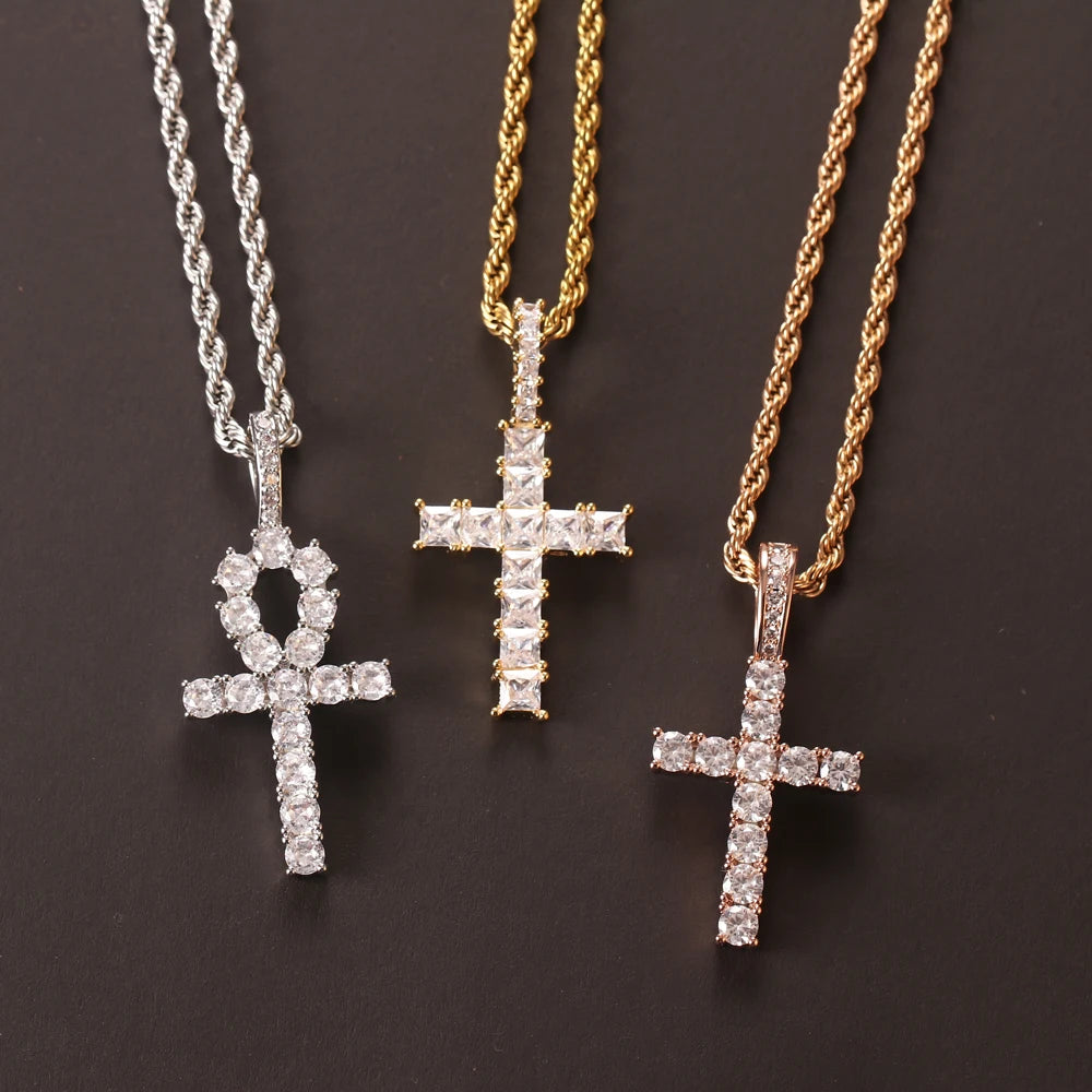 WHOLESALE New Iced Out Zircon Baguette Cross Men's Hip Hop Jewelry Gold Silver Color CZ Pendant Necklace Bling Charms