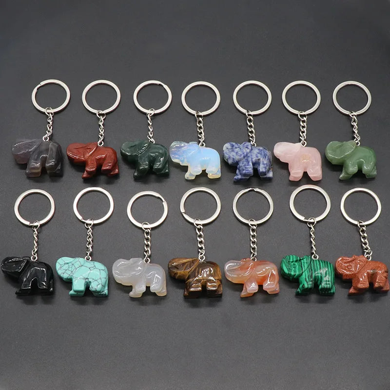 Natural Healing Crystal Agate Stone Elephant Keychain Pendant Stereo Carved Animal Elephant Bag Pendant for Gift