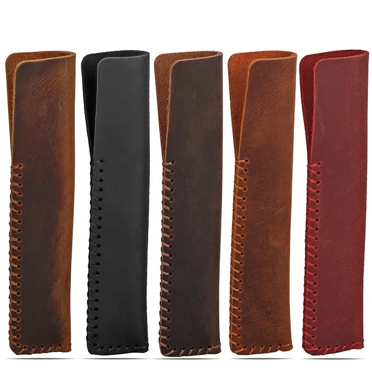 Vintage Handmade Stitching Crazy Horse Leather Pen Case Personalized Custom Single Genuine Leather Pencil Pouch