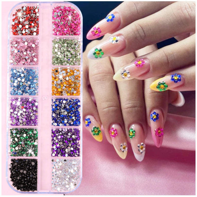 12 Grids/Box Colorful Crystals Nail Art Rhinestones Acrylic Nail Stones Flat Back DIY Shiny Stone Tips 3D Nails Art Decorations