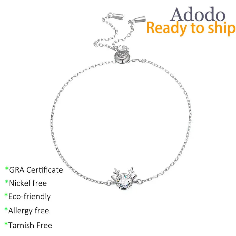 Simple Fashion 925 Silver Cute Deer Chain Link Bracelet Round Cut 0.5CT VVS1 GRA Moissanite Christmas Jewelry for Women Gifts