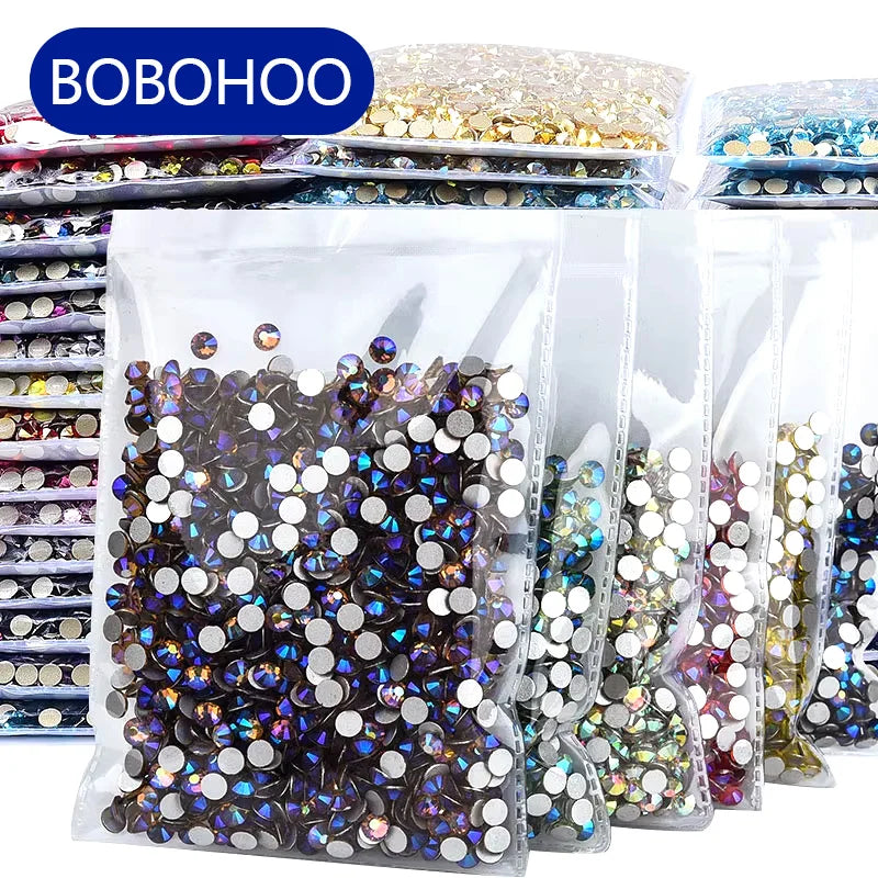 BOBOHOO Glass Flatback Rhinestones Silver Metal Loose Round Beads AB Colors Non Hotfix Rhinestones for Nails Rhinestones Jeans