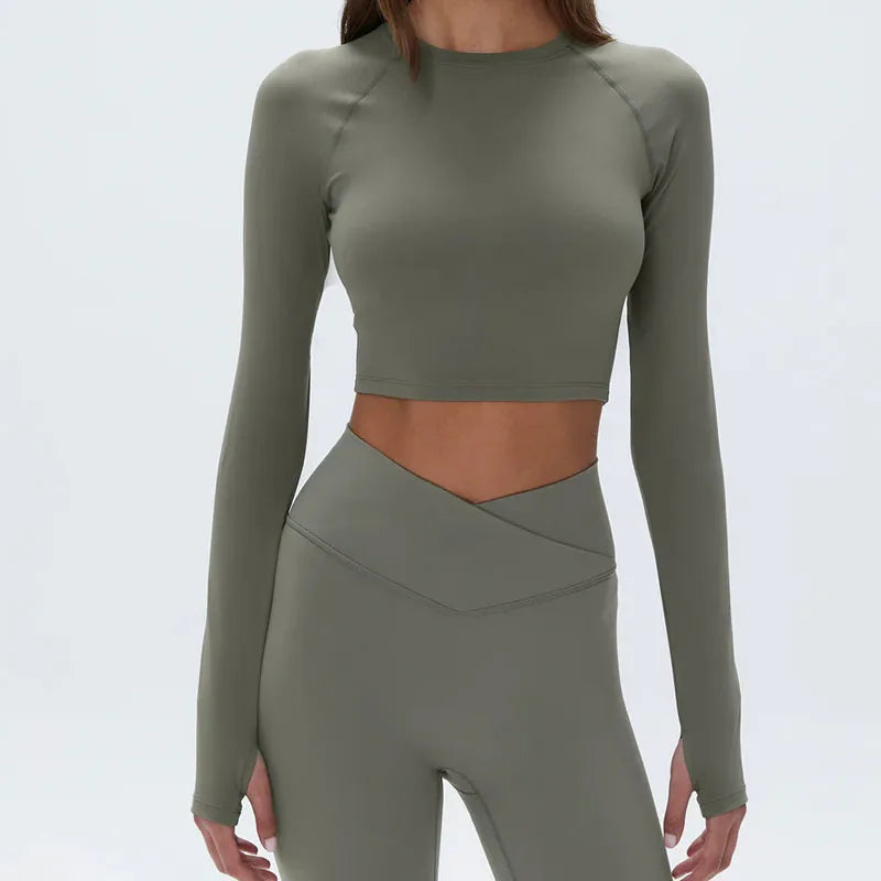 High Waist Compression Running Leggings Tops Lightweight  Long Sleeve Elastic Raglan Sleeve Women Crop Top With Thumb Hole