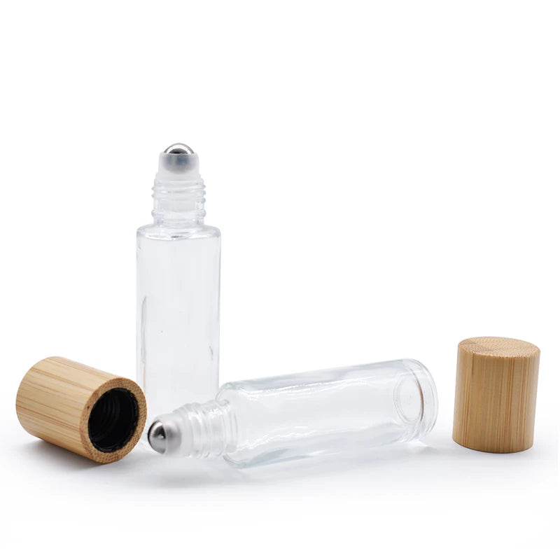 Empty Bamboo Lid Essential Oil Frosted Glass Roll on Perfume Bottle with Steel Roller Ball 5ml 10ml 15ml