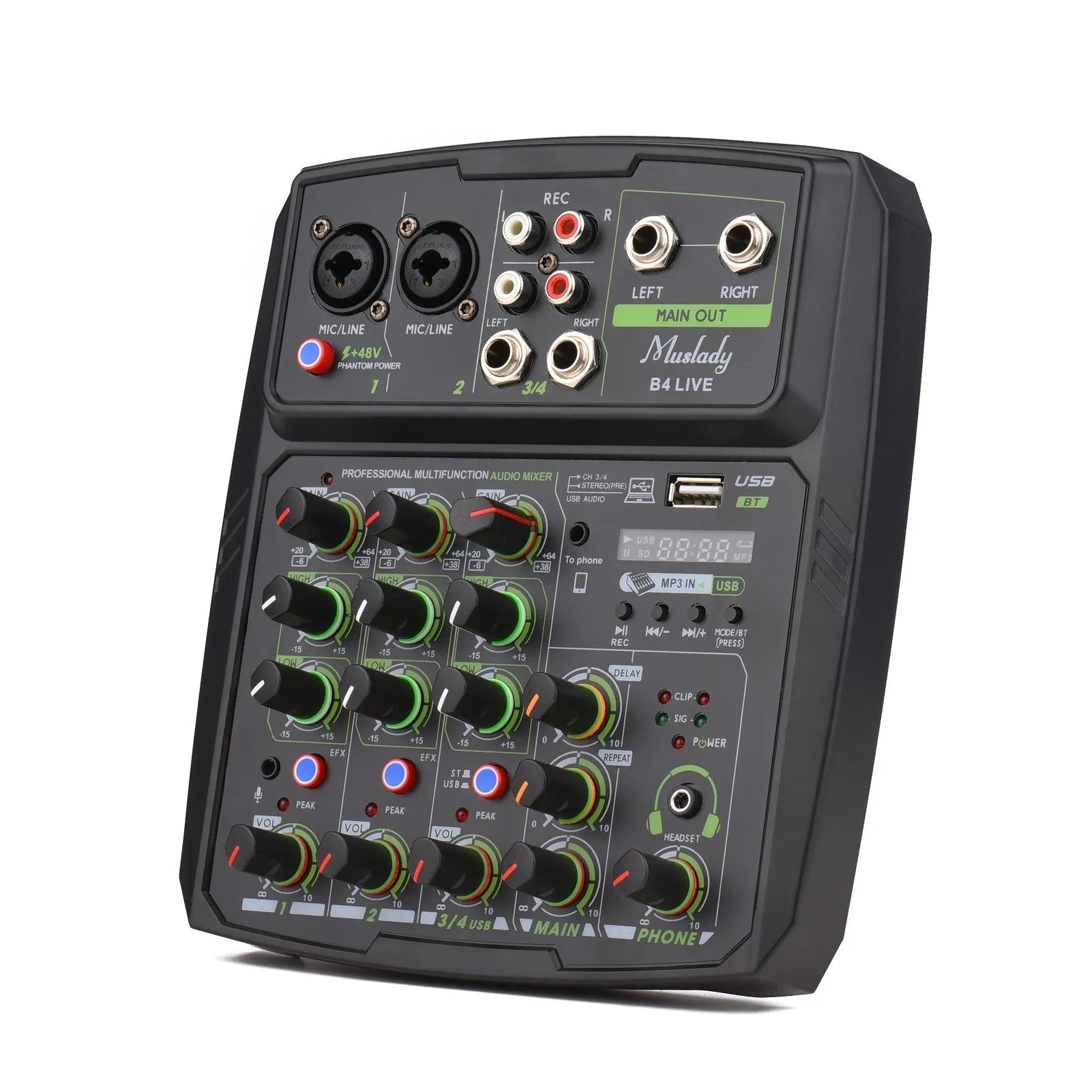 4-Channel Audio Mixer Mixing Console LED Screen Built-in Soundcard USB BT Connection with 2-band EQ Gain Delay Repeat Control Re
