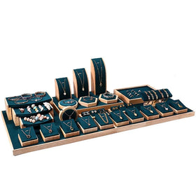 Large 96*40*30cm Natural Wood Velvet Jewelry Set Stand Holder Counter Display for Ring Earrings Necklace