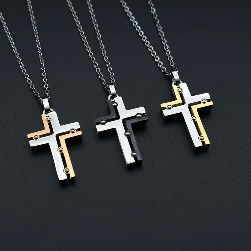 High Polish Stainless Steel Screw Cross Pendant with Chain Necklace for Men