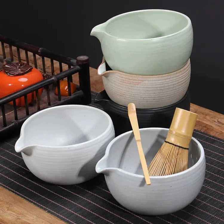 BAMBUS Japanese Tea Ceremony Set Ceramic Bowl Large Mathca Chawan Bowl Colorful Glaze Pattern Matcha Tea Bowl with Spout