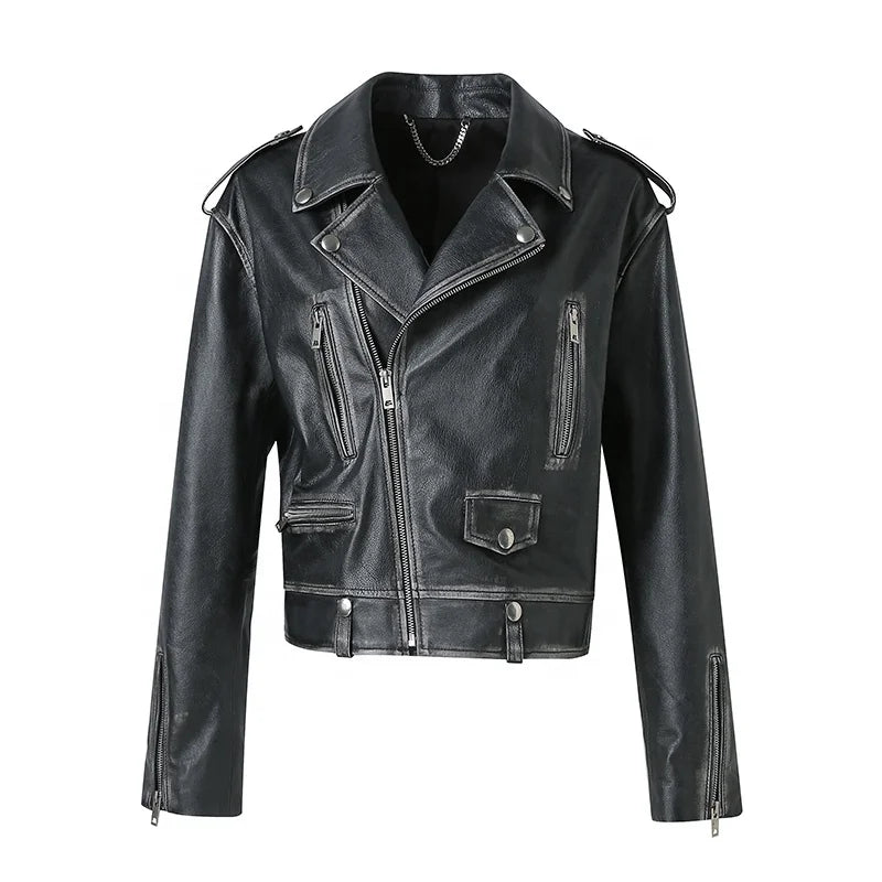 Luxury Turn Down Collar Motorcycle Jacket Coat Black Real Cow Skin Leather Jackets Women